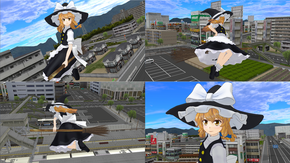 魔理沙がほうきに乗って空色町を飛び回る