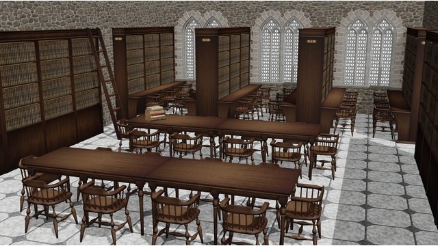 本棚と石壁の部屋