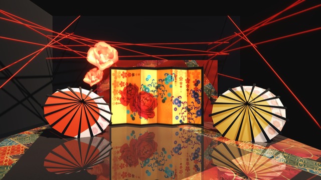 金屏風と傘のステージ1.0