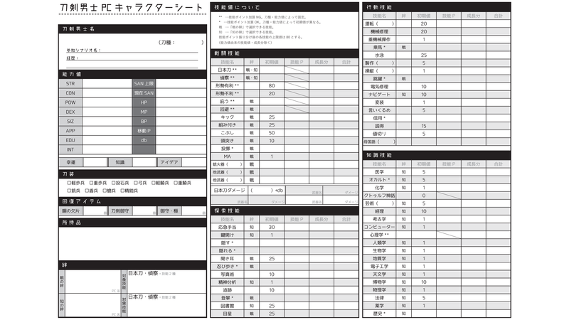 刀剣男士PC専用キャラクターシート