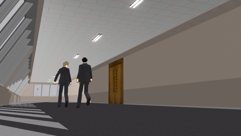 斜めガラス窓の廊下